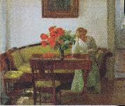 Anna Ancher, Interior with poppies and reading woman